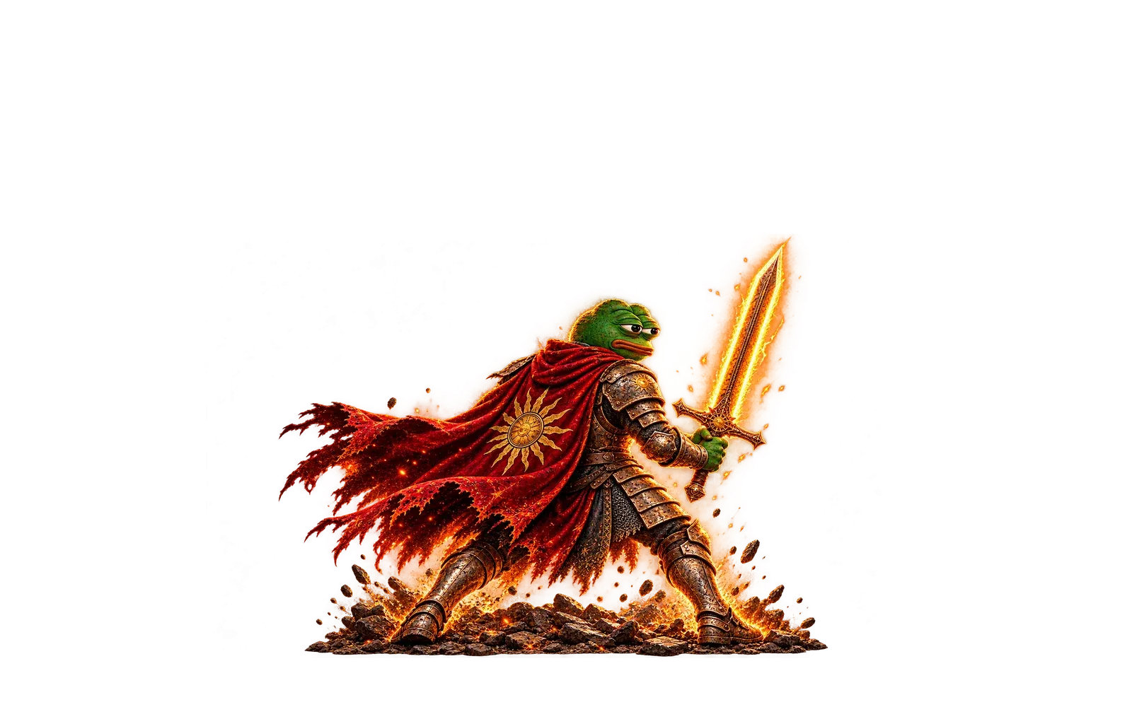 Pepe in battle-worn armour and a burning red cape, gripping a glowing sword as a cavalry charge thunders toward him