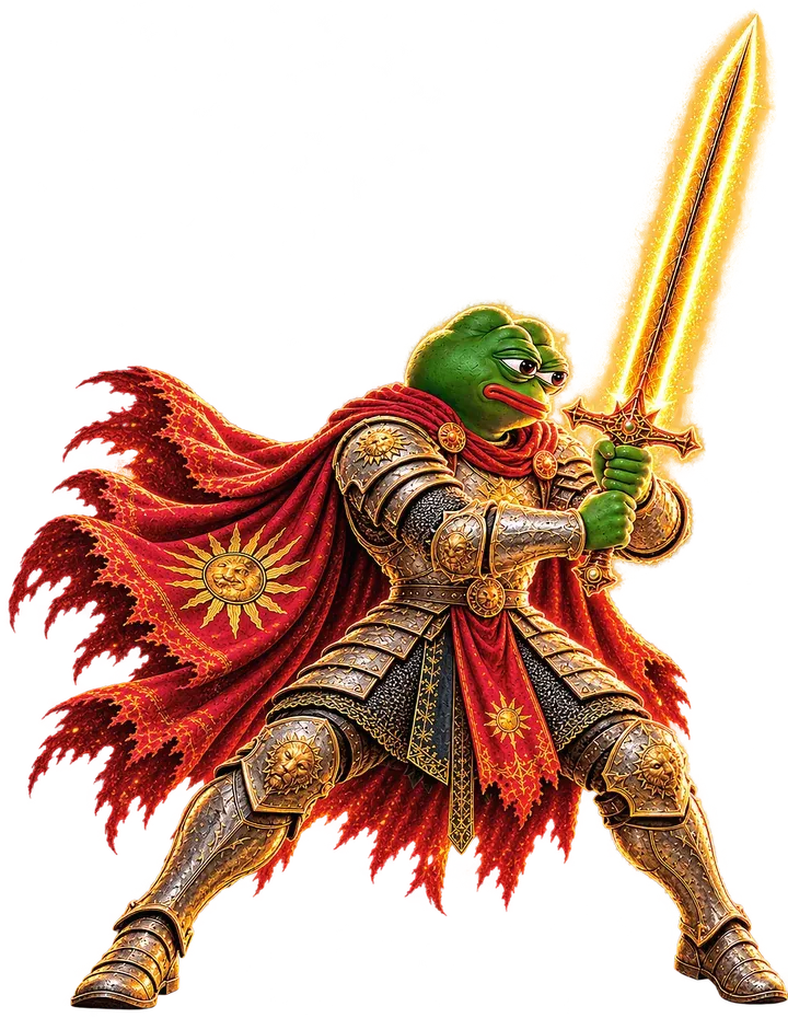Pepe in a wide fighting stance, gripping a burning sword with both hands