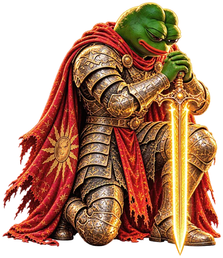 Pepe kneeling in armour, both hands folded on the hilt of a glowing sword