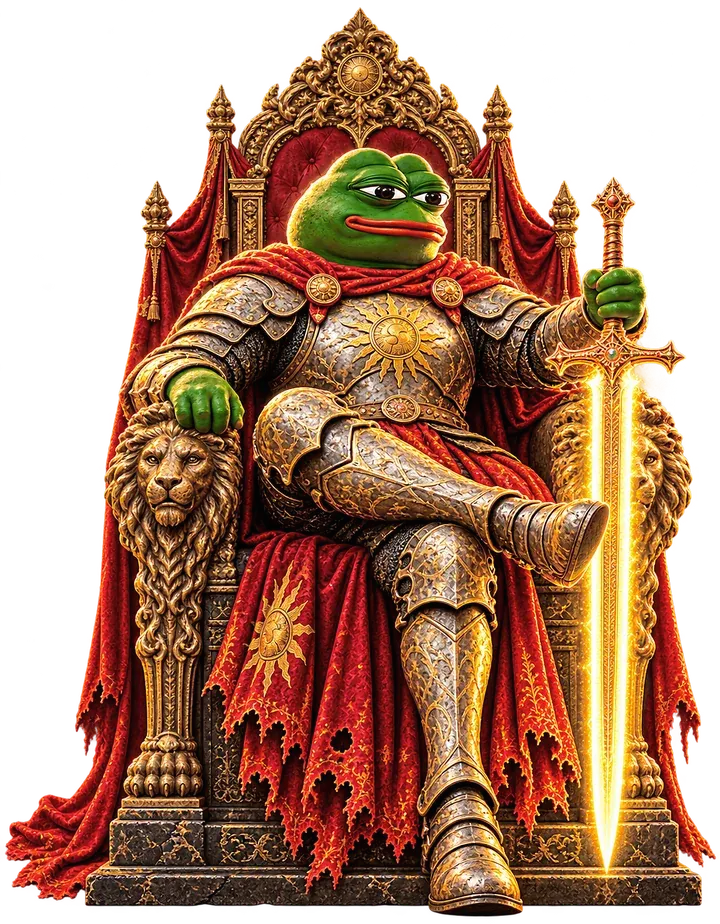 Pepe seated on a carved lion throne, one hand on a glowing sword